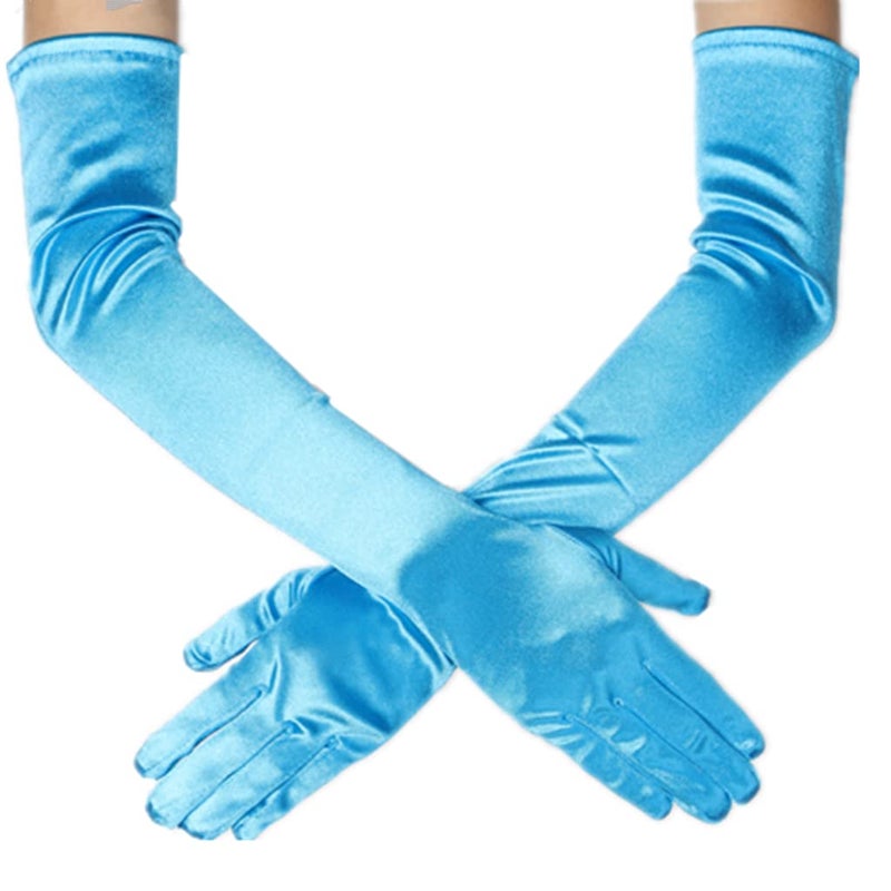 DreamHigh Women's Party Wedding 21" Long Satin Finger Gloves Light Blue - Image 1